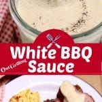 White BBQ Sauce collage with jar of sauce and plate of ribs with sauce