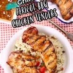 apricot chicken tenders with rice, text overlay