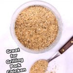 jar and spoonful of grill seasonings - text overlay