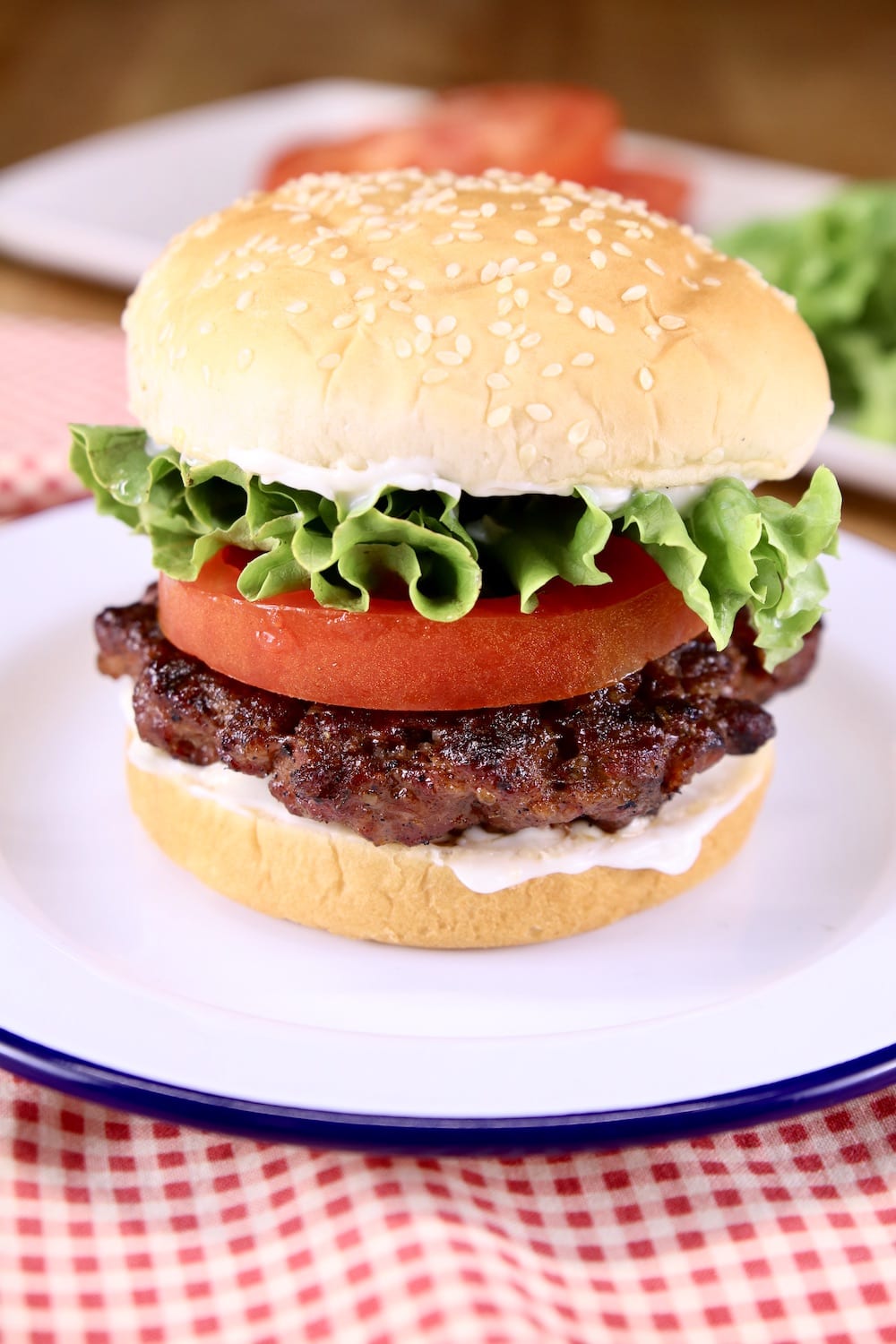 brisket burger with lettuce and tomato - close up view