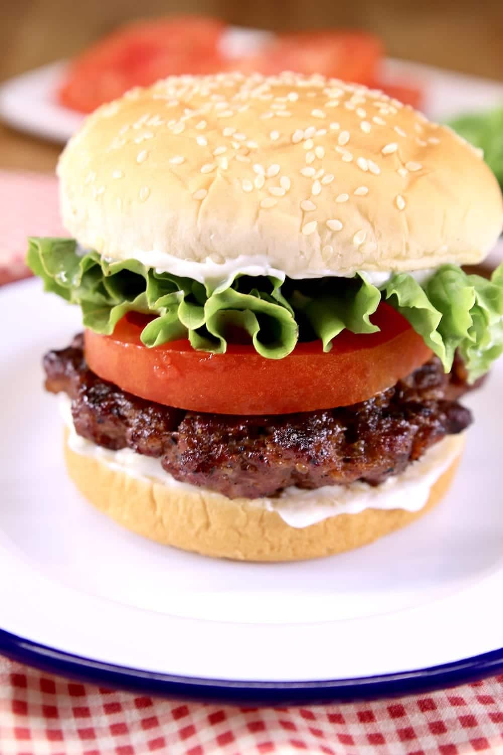 Grilled Brisket Burger on a sesame seed bun with lettuce and tomato- close up