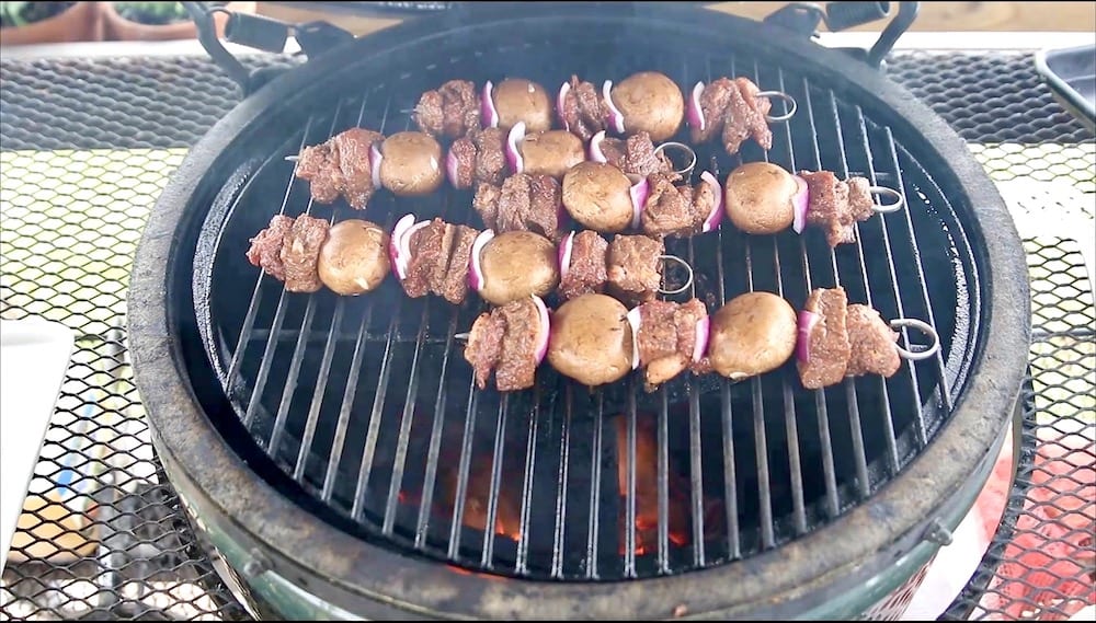 grilling steak and mushroom kabobs