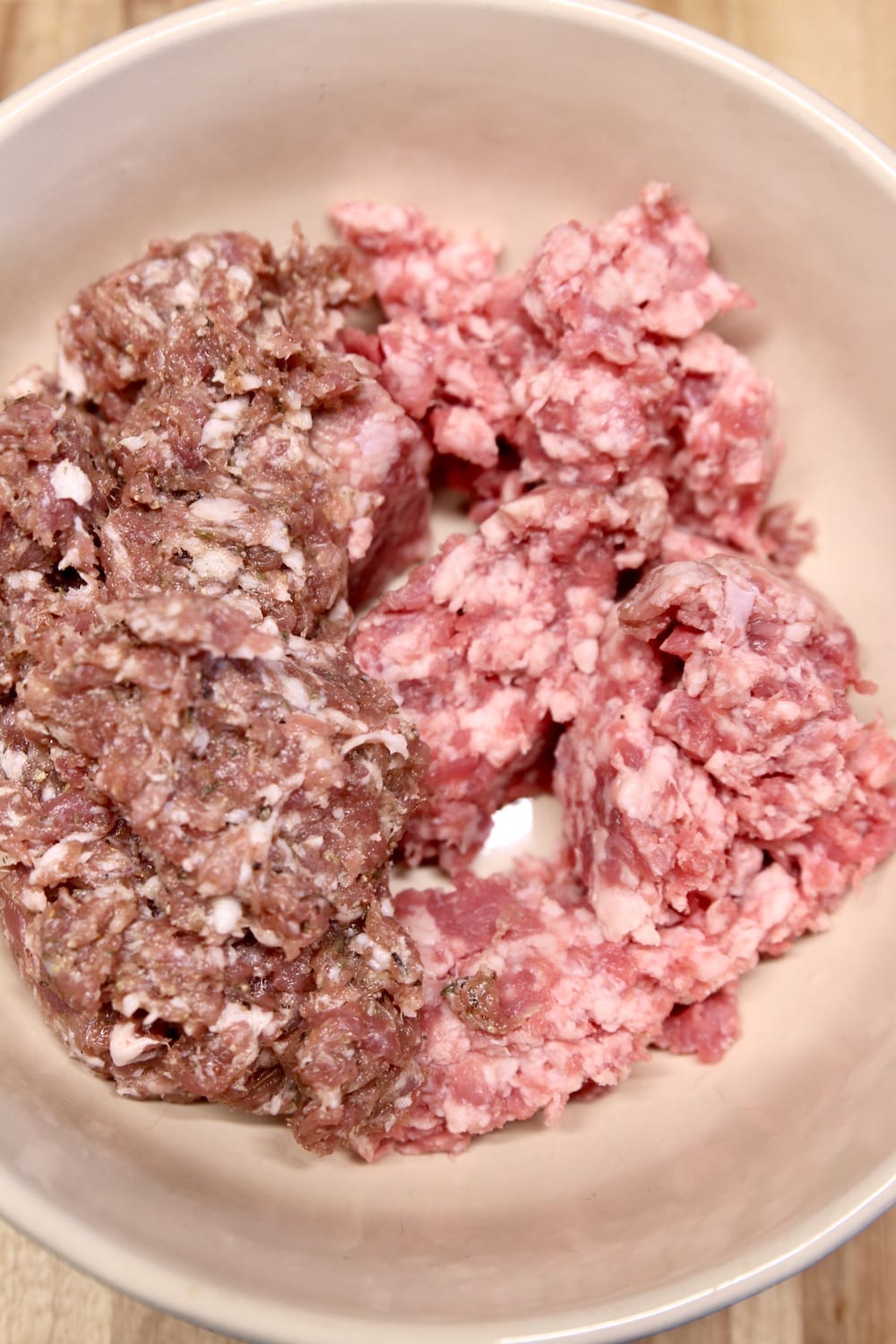 Bowl with ground sausage and ground beef