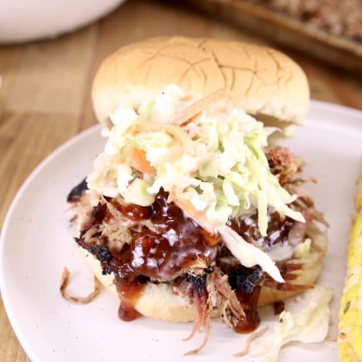 pulled pork bbq sandwich with coleslaw on a bun