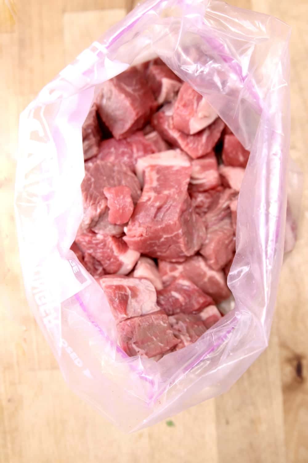 Sirloin steak cubes in a zip top bag