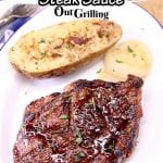 grilled ribeye steak with a baked potato - text overlay