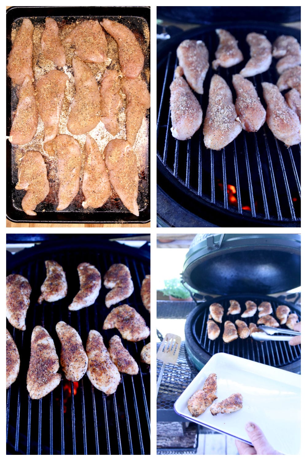 collage for chicken tenders with seasoning and on the grill