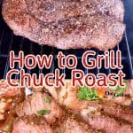 Collage: chuck roast on a grill/ sliced. Text overlay.