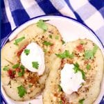 Grilled Loaded Baked Potatoes with bacon and sour cream -text overlay