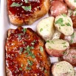 text overlay of bbq pork chop with potatoes on a tray