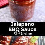 Jalapeno BBQ Sauce collage: in a jar/brushing on ribs