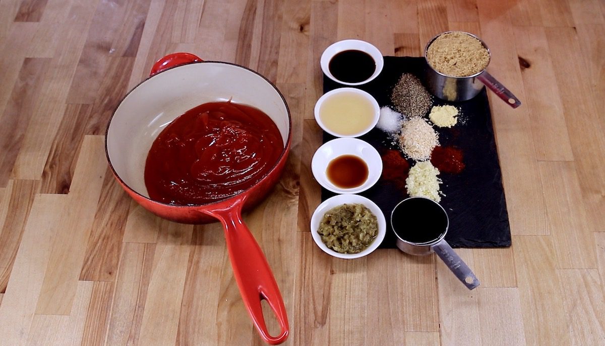ketchup in a pan - ingredients for bbq sauce