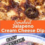 smoked jalapeno cream cheese dip collage: up close on a chip/on grill