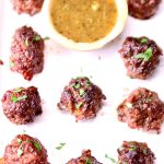 platter of meatballs with dipping sauce - text overlay