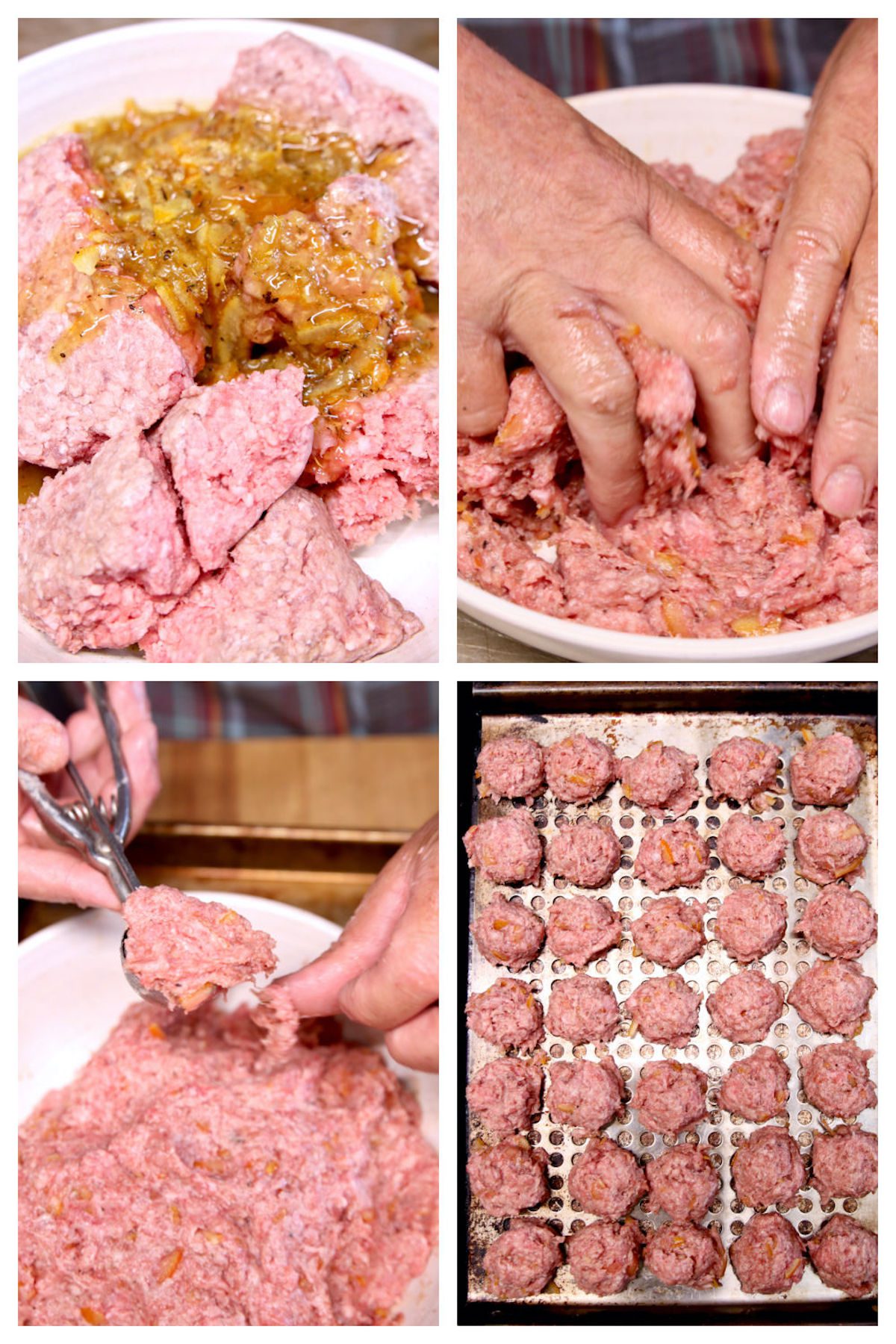 making meatballs collage: mixing meat, forming into meatballs, on a grill pan