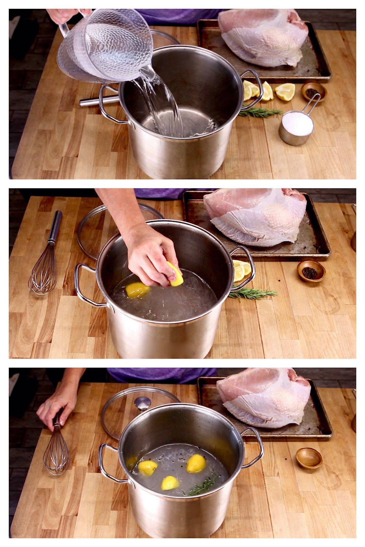 step by step making salt water turkey brine with lemon, rosemary, peppercorns
