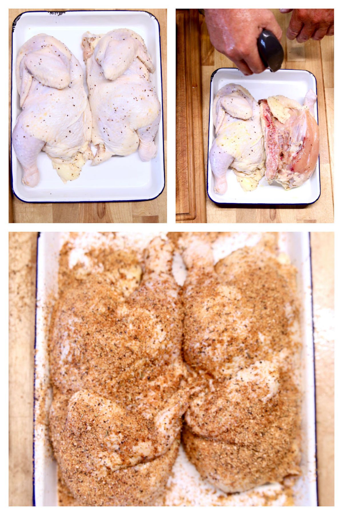 collage of half chicken on a pan, spraying with olive oil, sprinkled with brown sugar rub