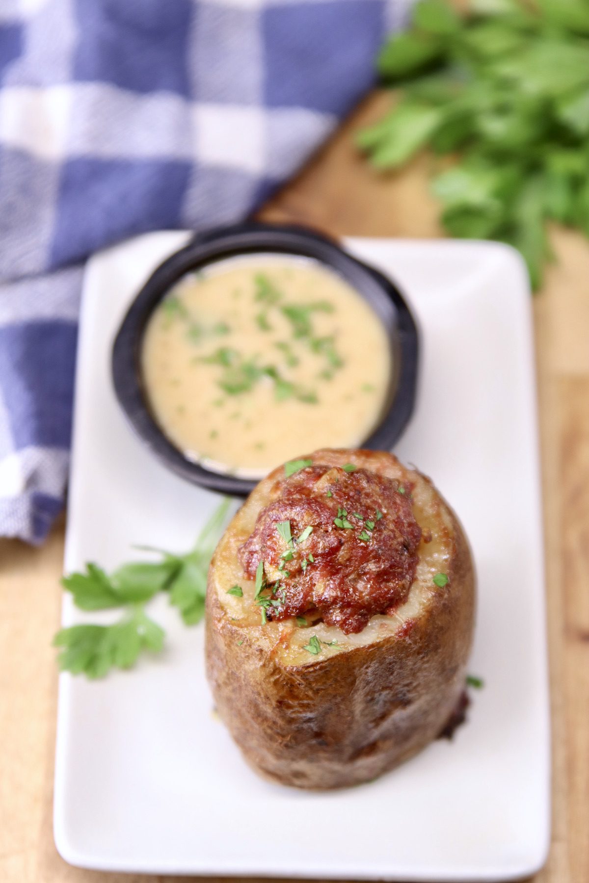 meatloaf potato shot with bowl of mustard