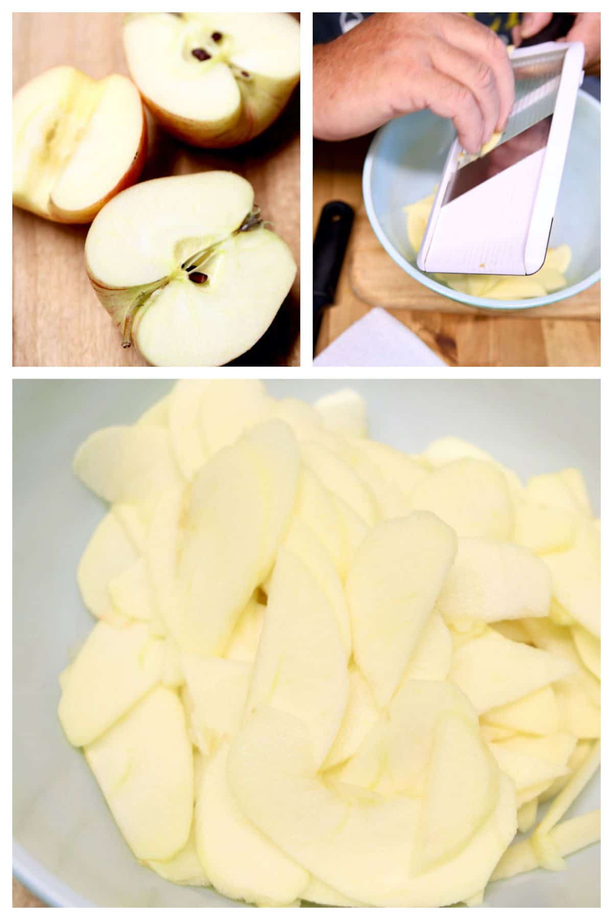 collage, apples sliced in half, slicing on mandoline, apple slices in a bowl