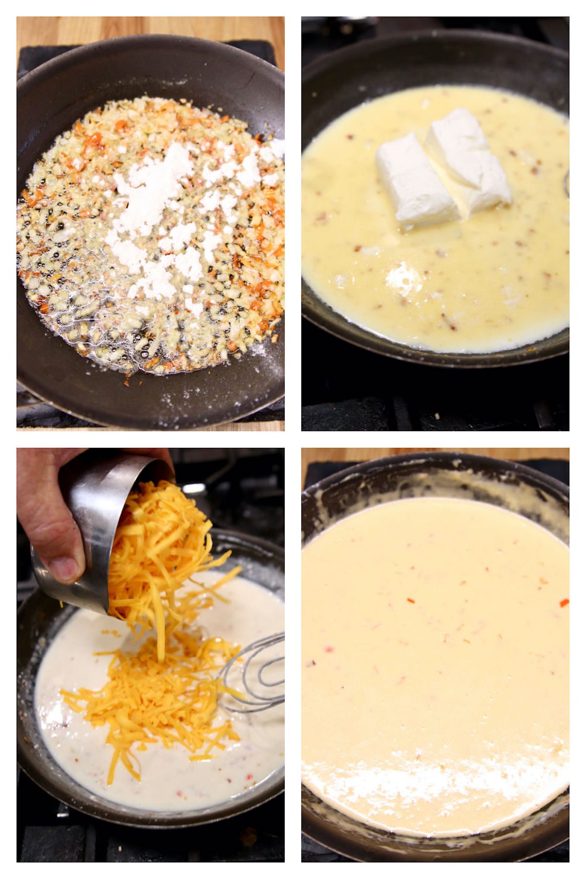 collage making cheese sauce with peppers and onions