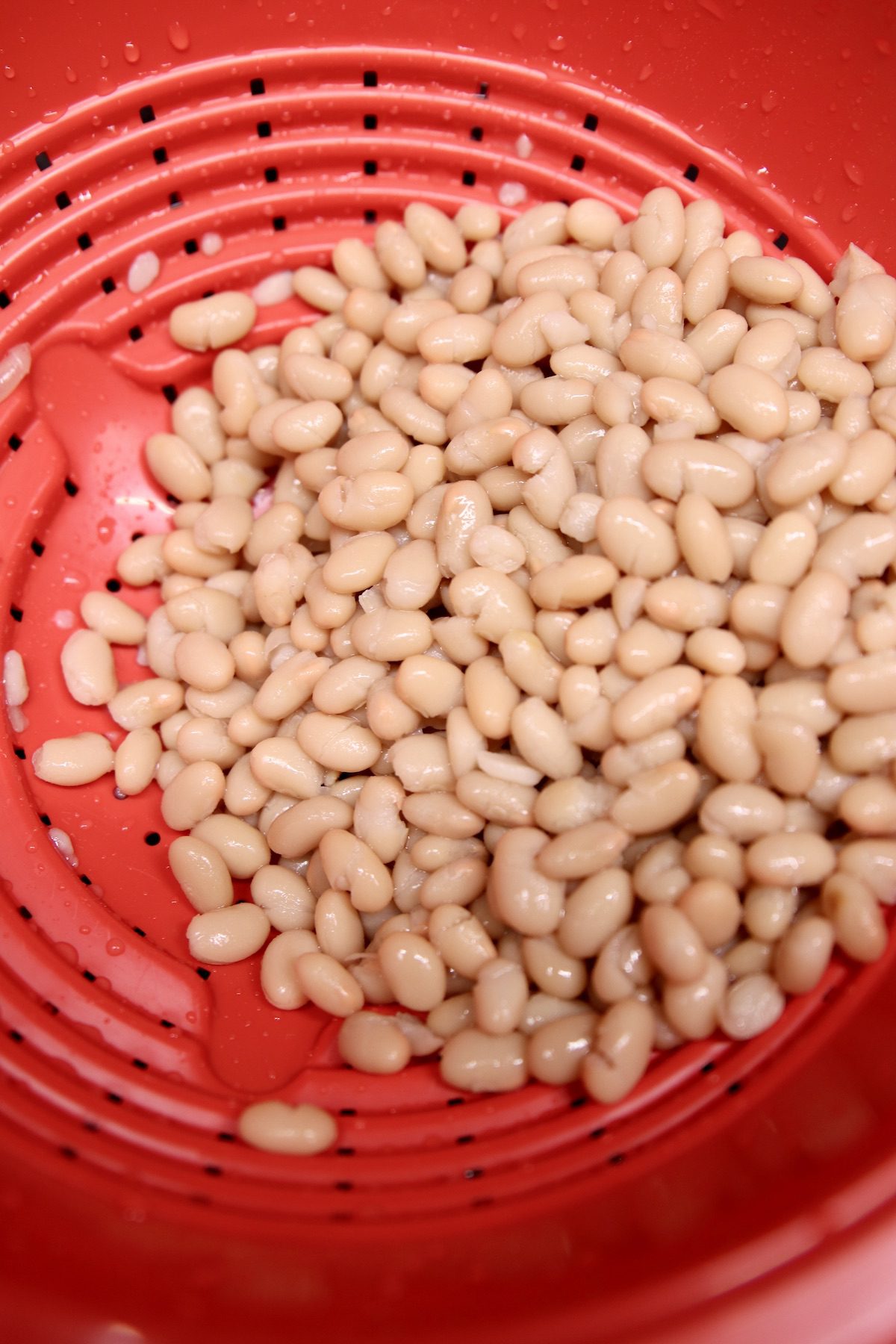 white beans in a red colander