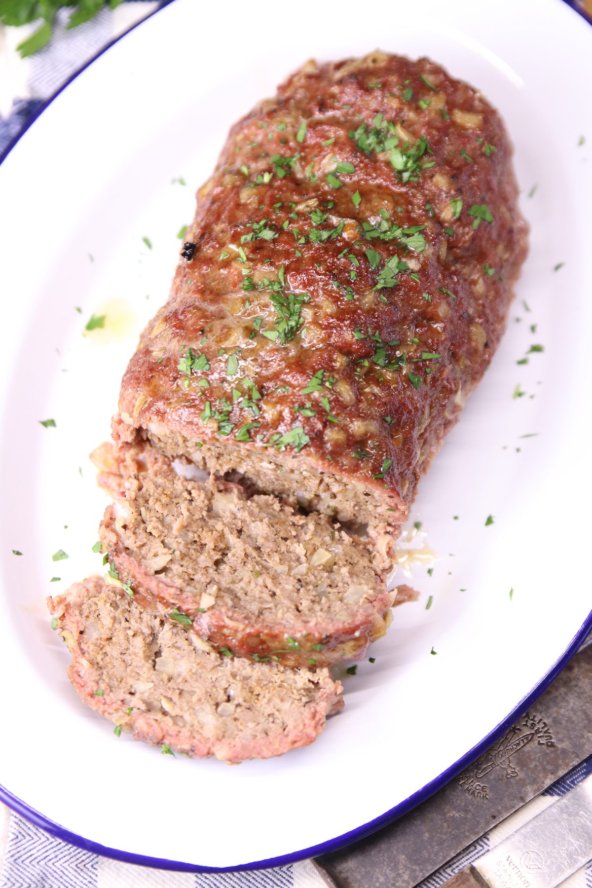 Grilled Meatloaf on an oval platter, 2 slices