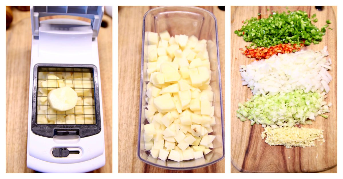 chopping potatoes with a chopper and diced onions, bell peppers, celery on a cutting board