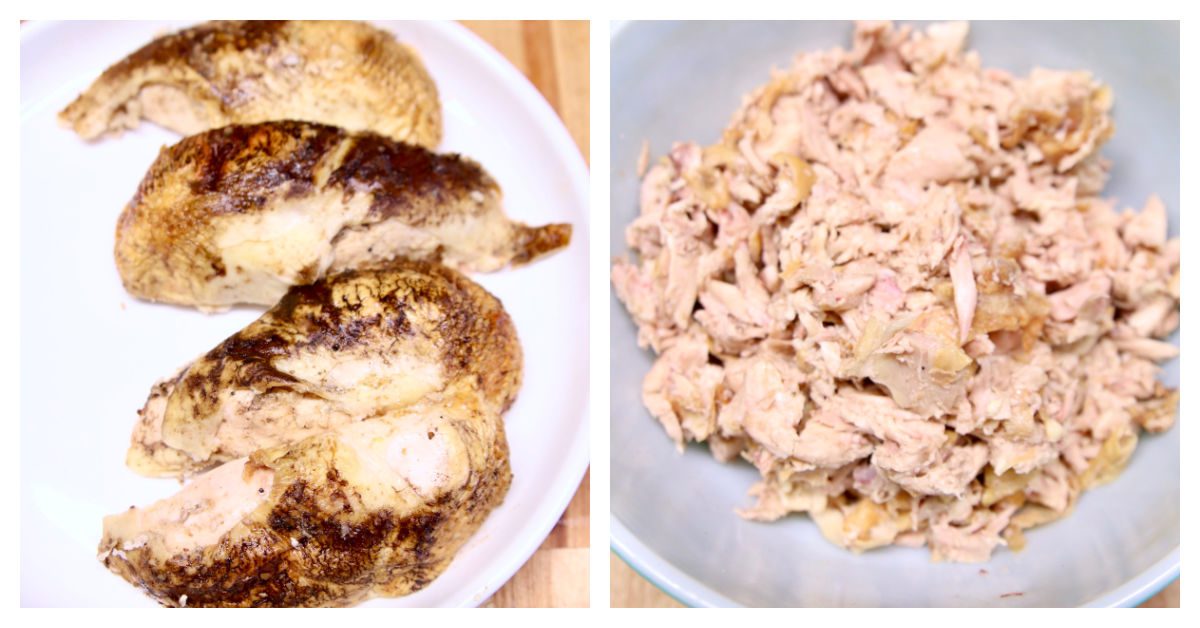 collage of grilled chicken breasts/chopped chicken