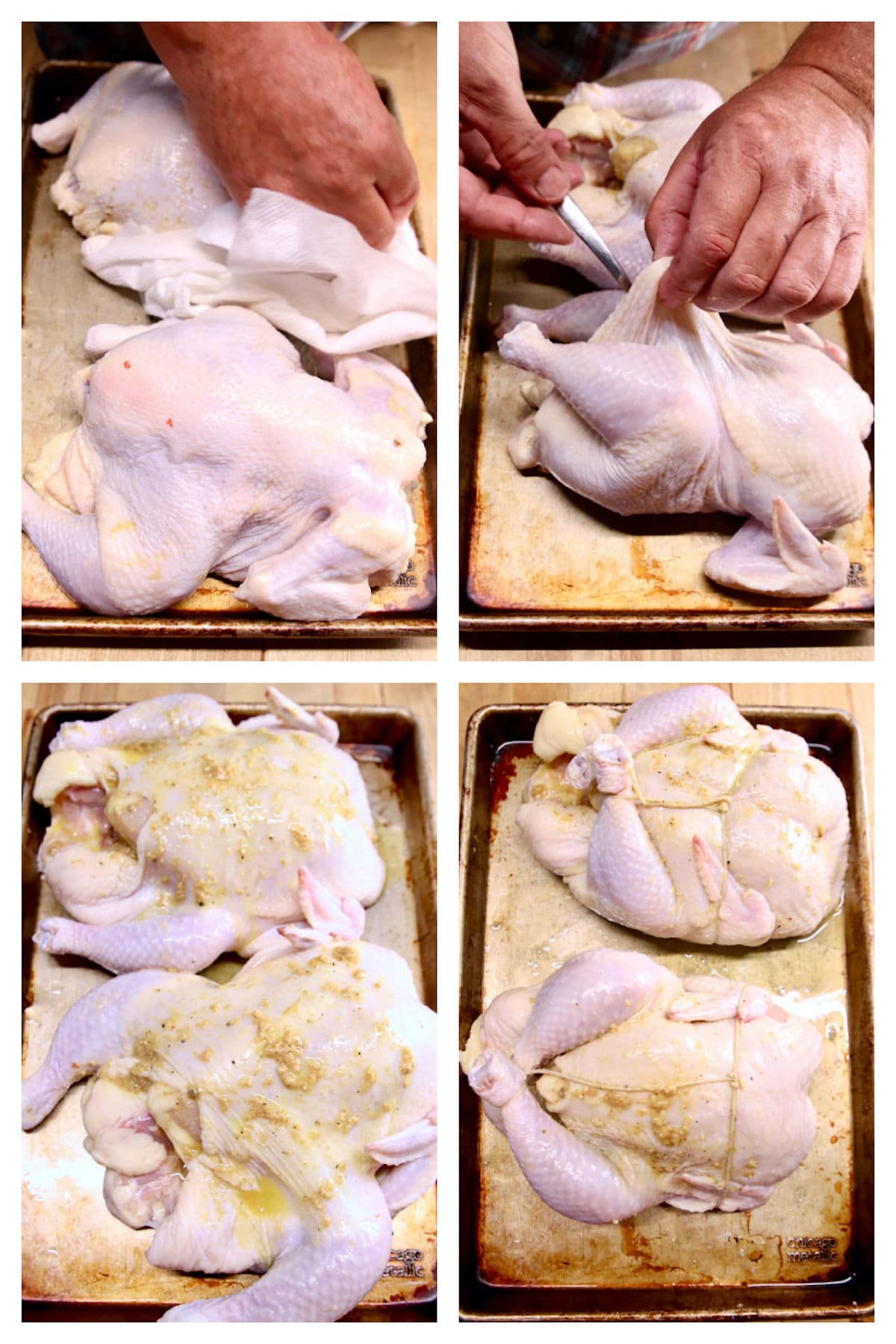collage of preparing whole chickens to grill with butter sauce