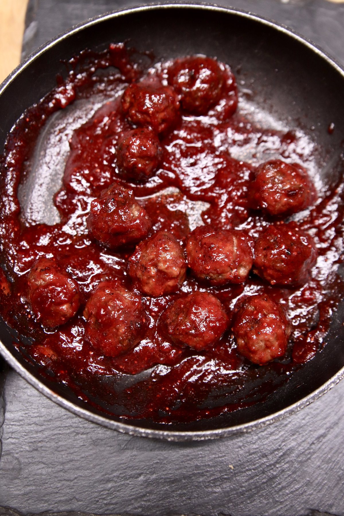 pan of cranberry bbq meatballs