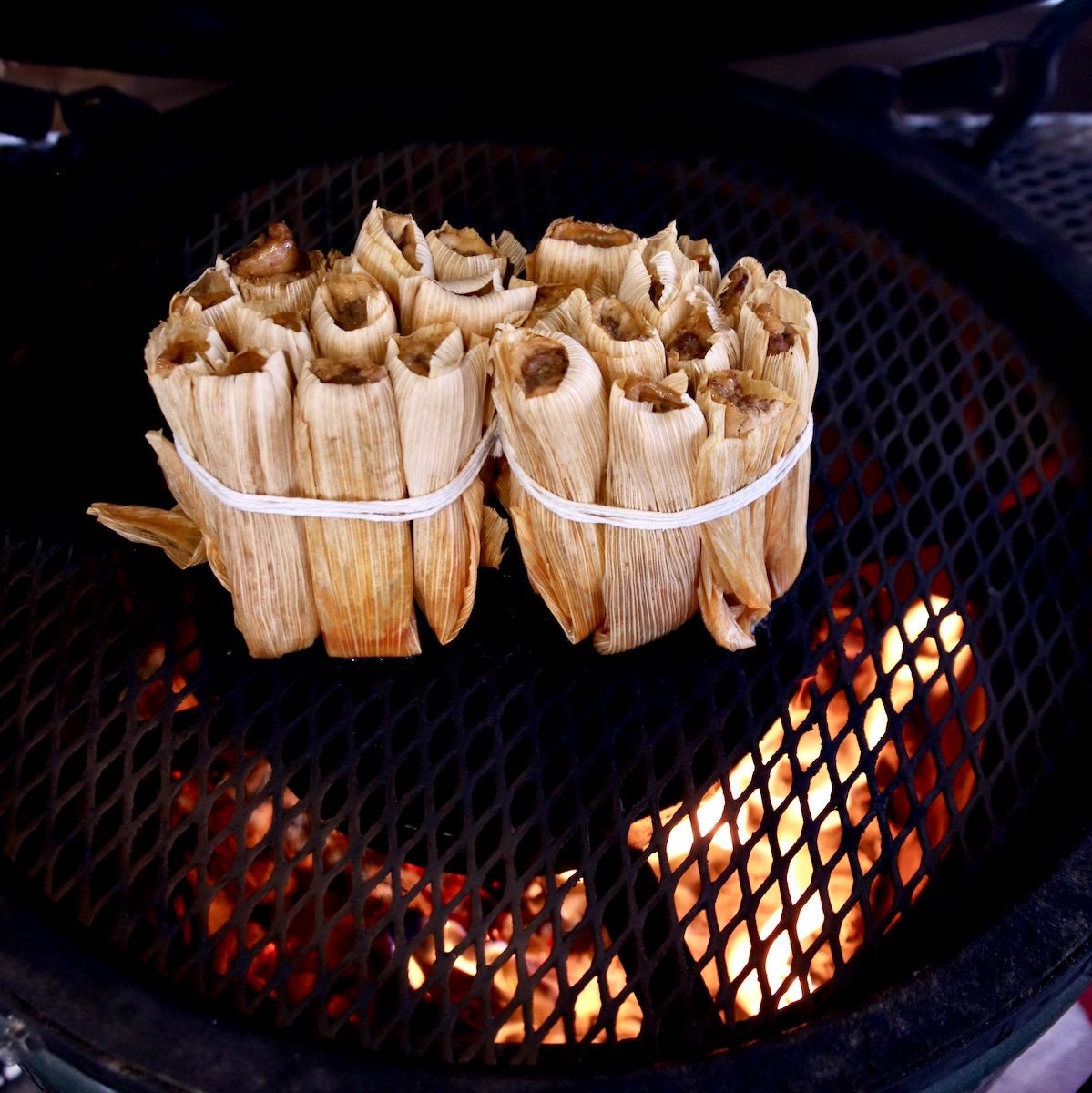 grilling tamales tied up in 2 bundles