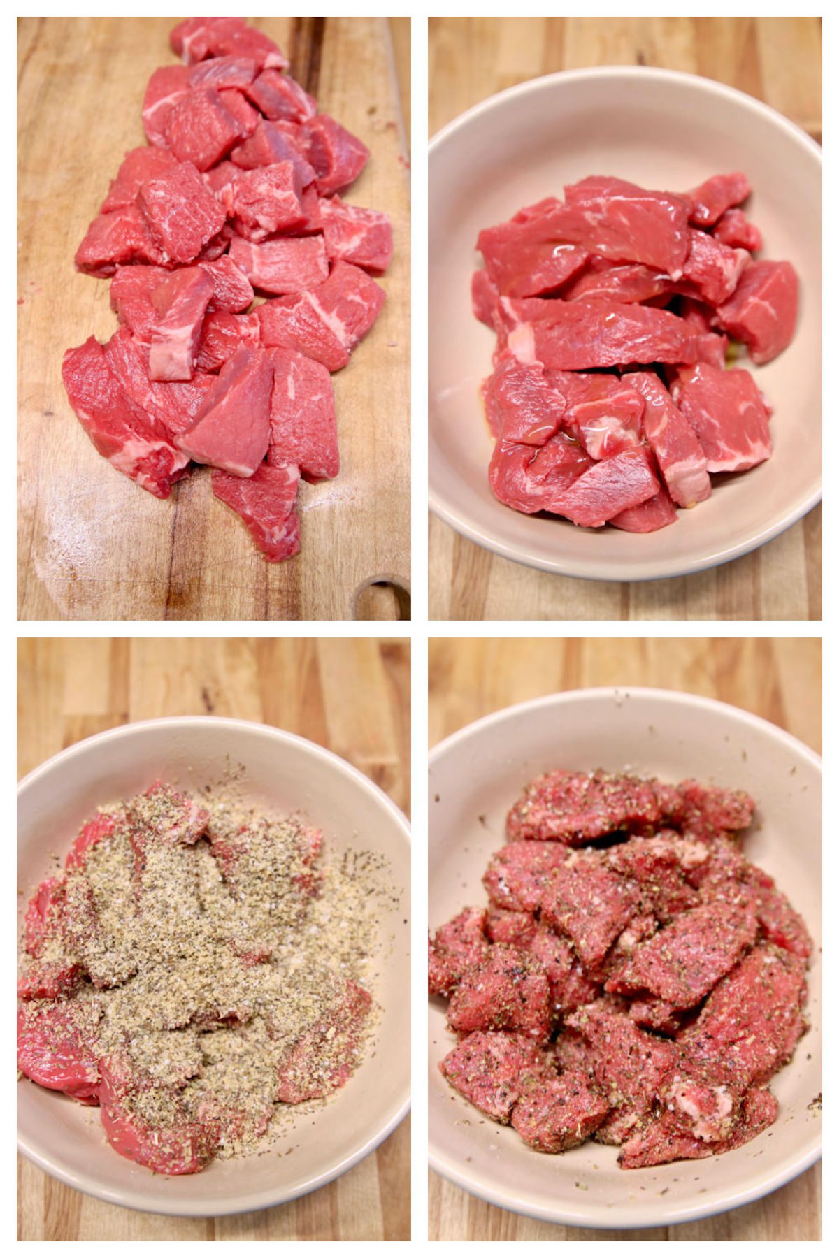 collage steak slices and seasoning with dry rub for grilling