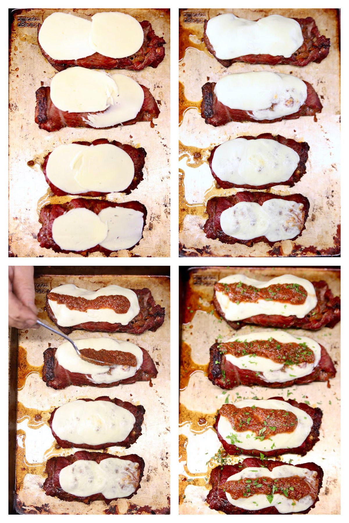 collage topping steak rolls with mozzarella and marinara