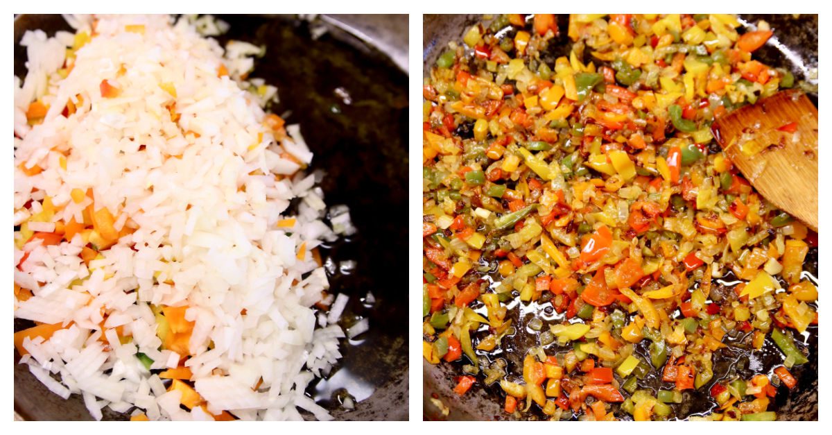 collage of cooking peppers and onions