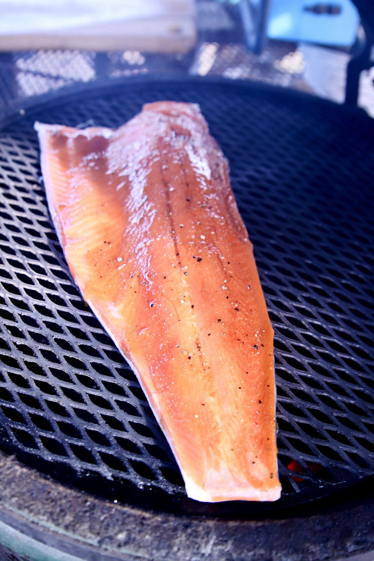 whole salmon filet on grill.