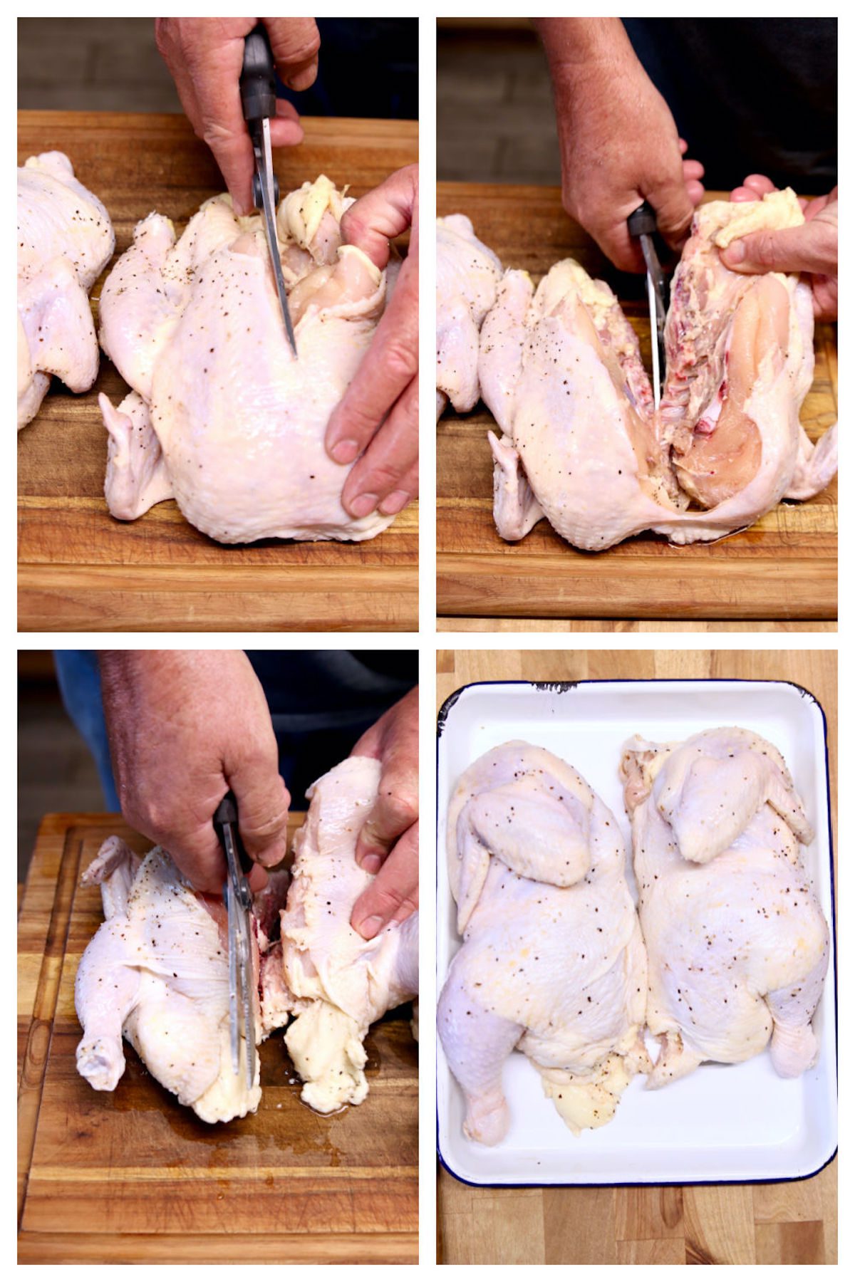 collage cutting whole chicken in half