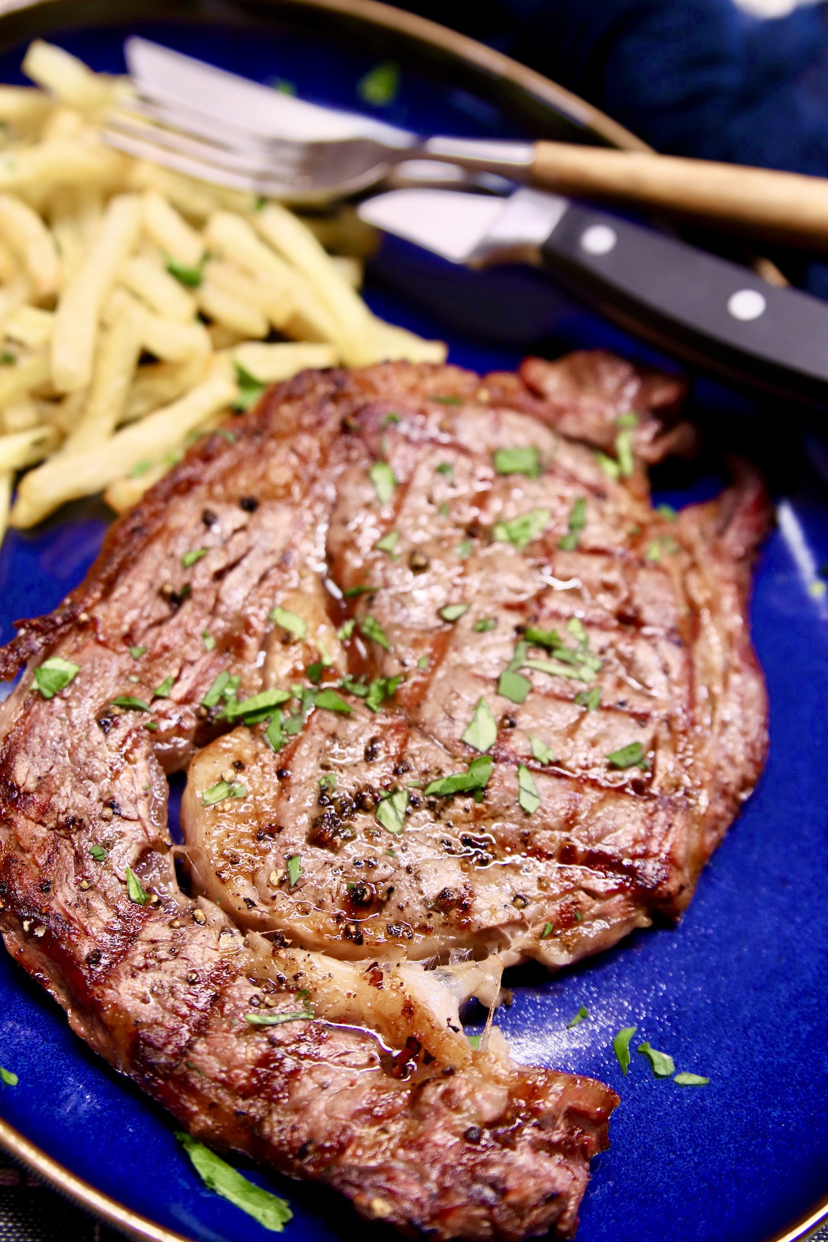 grilled steak on a plate with fries.