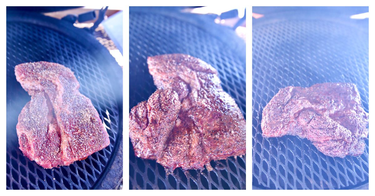 Cooking chuck steak on a grill - 3 photos.