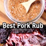 Best Pork Rub spices in a jar with photo of pulled pork.d
