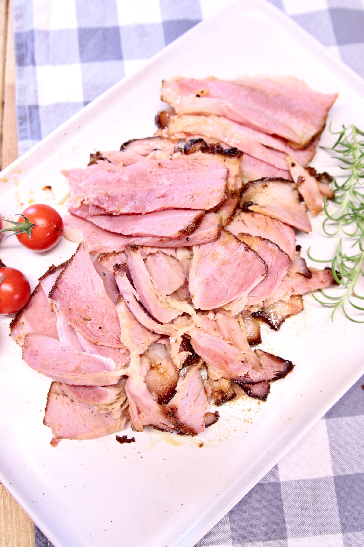sliced ham on a platter.