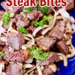 Grilled Steak Bites on a platter with text overlay.