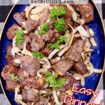 Platter of steak bites with onion. Text overlay.