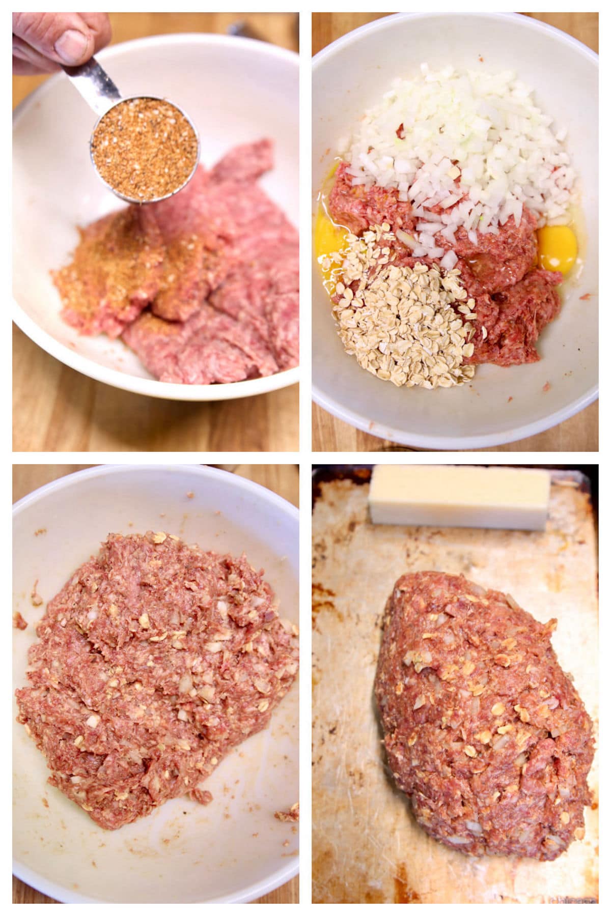 collage making meatloaf mixture with steak rub, onions, eggs, oats and ground beef.