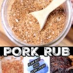 Pork rub in a jar with spoon/collage with pork butt.