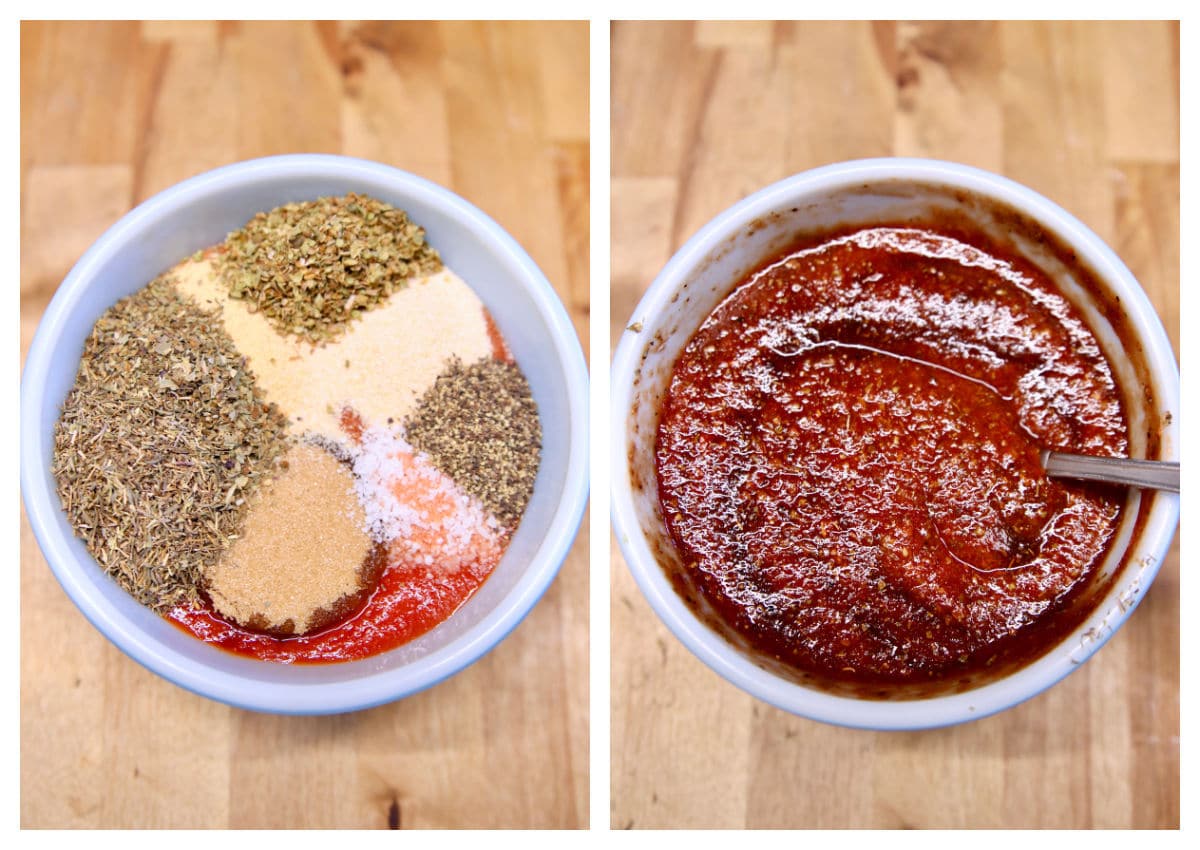 collage of making tomato sauce for meatloaf.