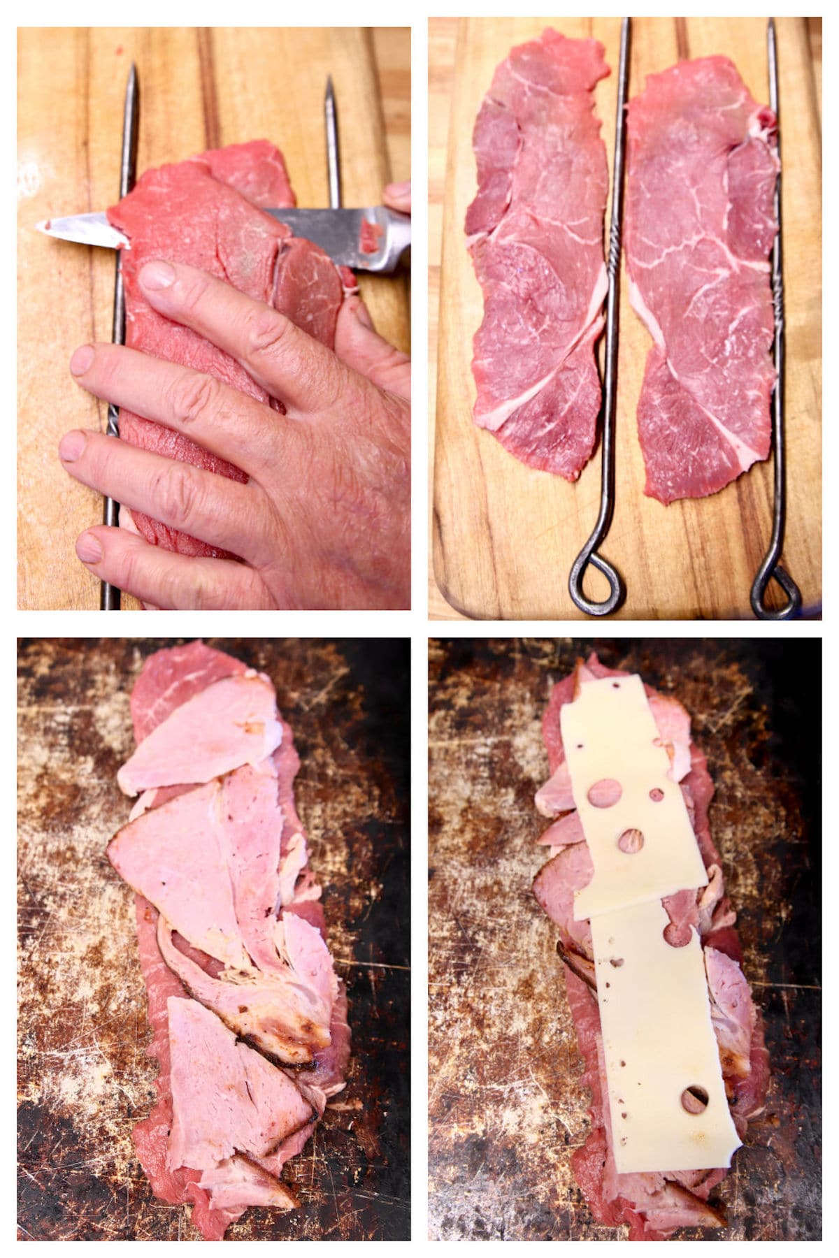 Collage: slicing sirloin steak, adding ham and Swiss cheese to the steak.