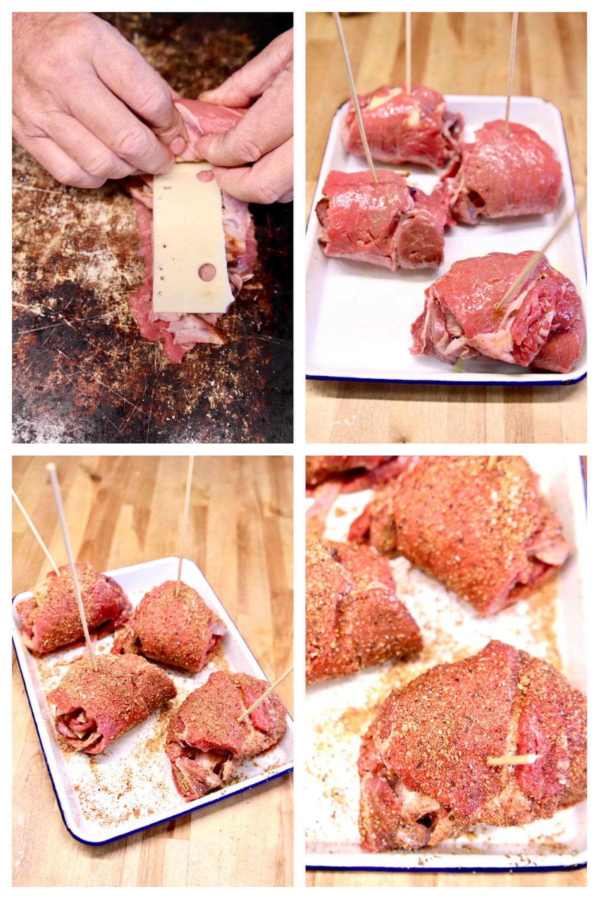 Collage: rolling up steak with ham and cheese. Seasoning steak rolls, adding wooden skewers.