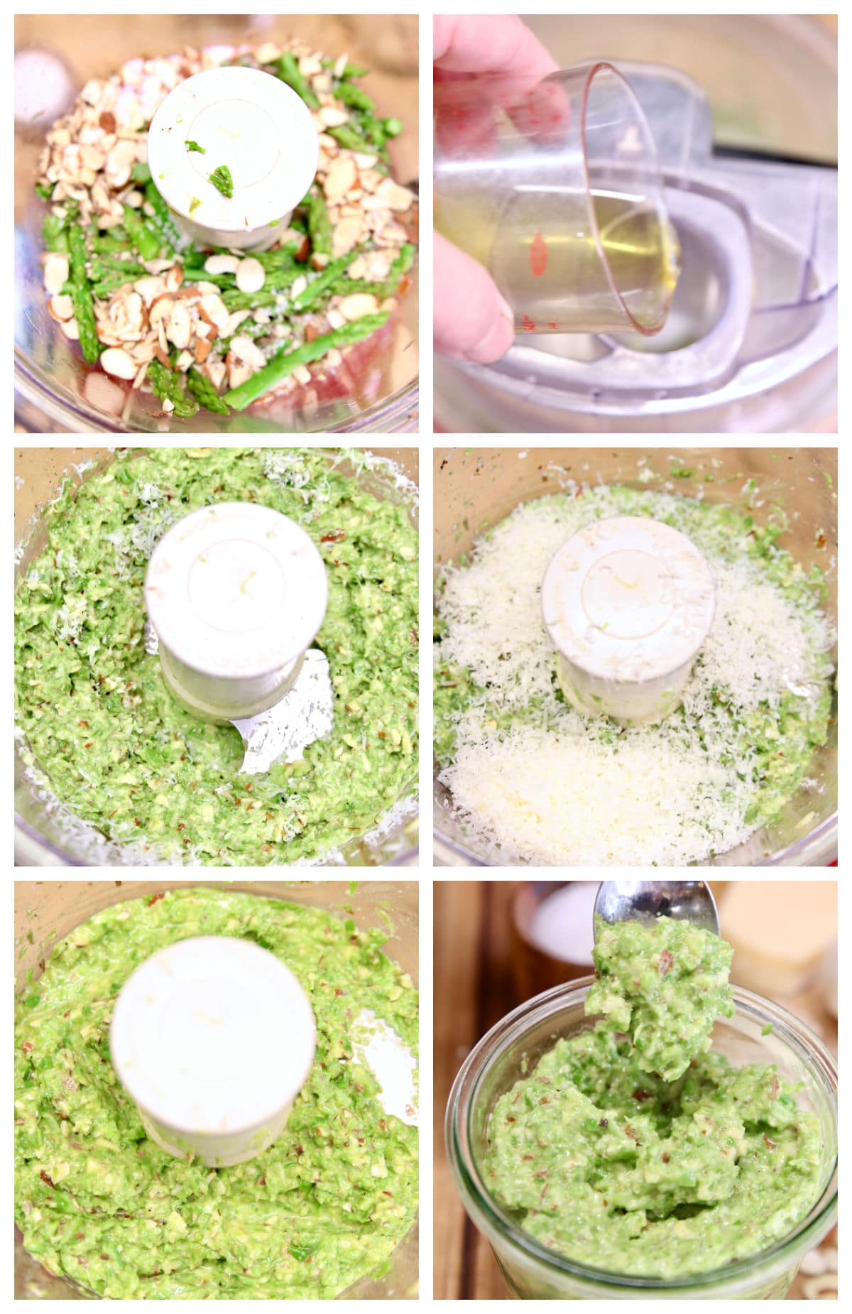collage making asparagus pesto in a food processor.