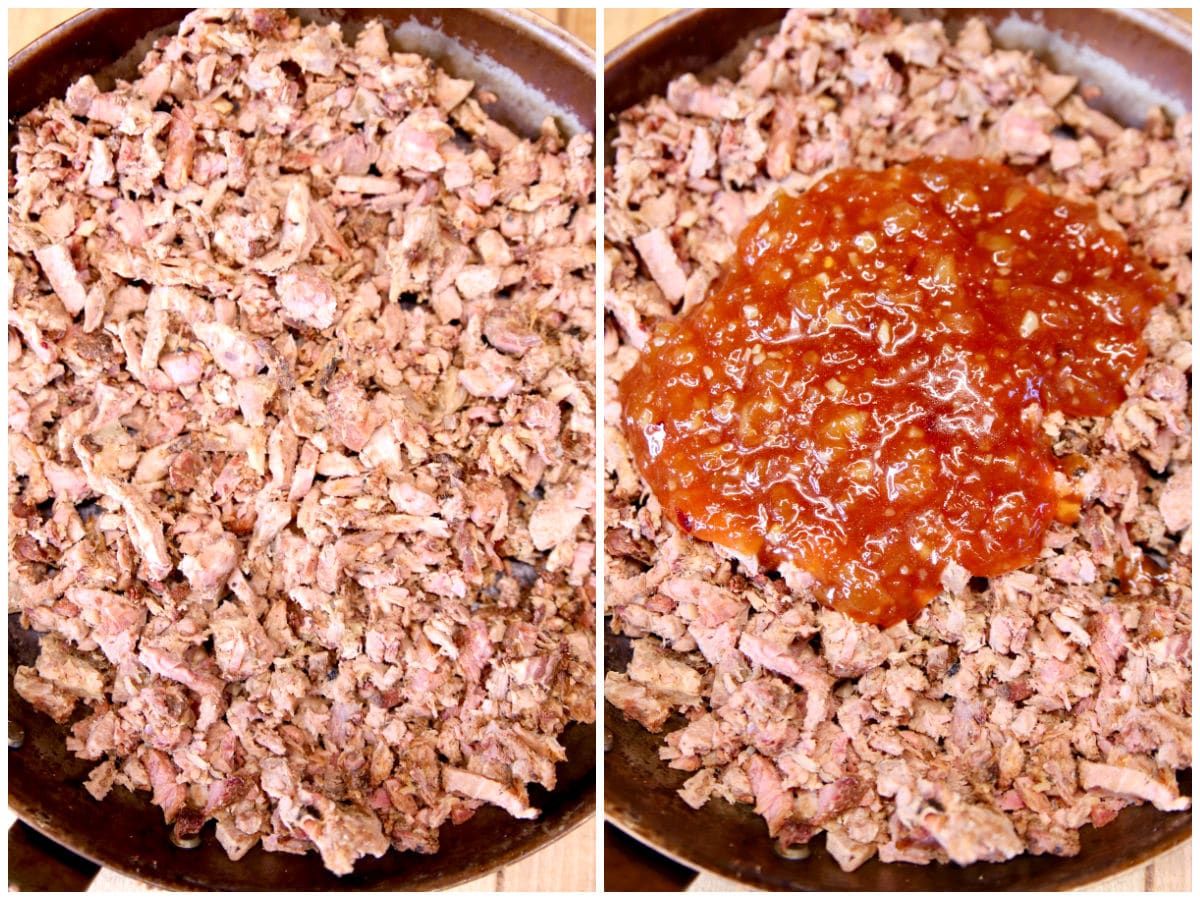 Collage of pulled pork in a skillet/with sauce.