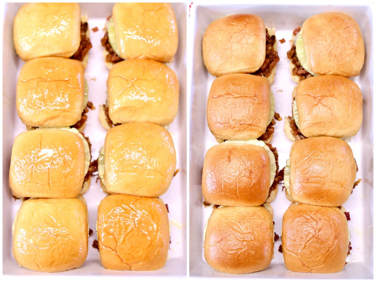 Collage of sliders buns, brushed with butter/baked.